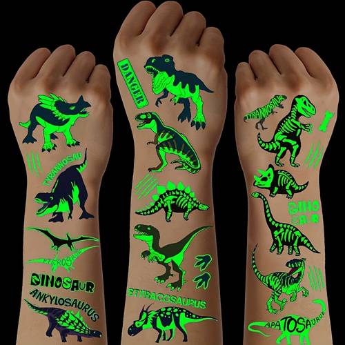 10pcs set of glowing dinosaur temporary tattoo stickers featuring waterproof luminous velociraptor triceratops and in a rectangular shape suitable for dinosaur birthday party supplies