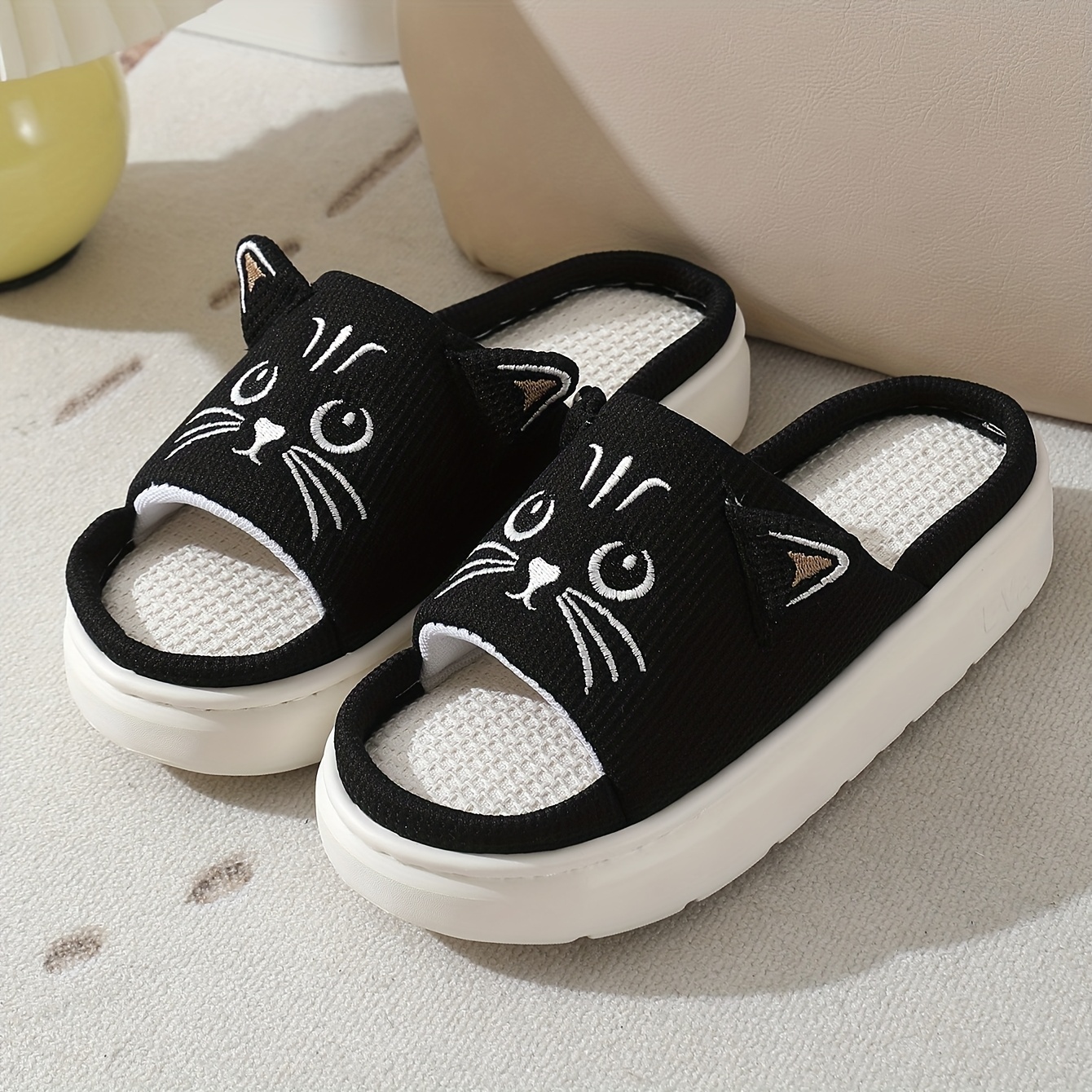 Image of Black Cat Open-toe Mules With , Comfortable, Handmade, Trendy, Fashionable, Breathable, And Suitable For , Flat Shoes, Women Shoes