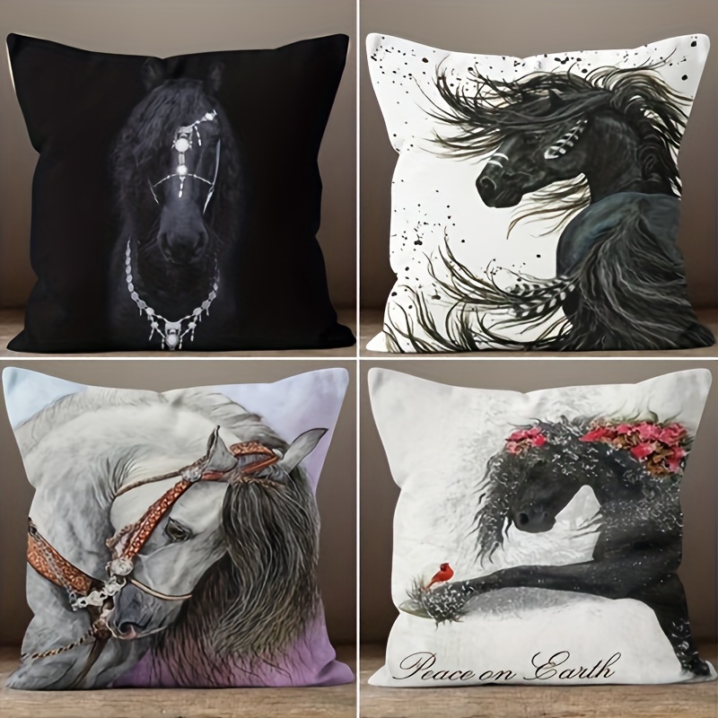 

4pcs Vintage Horse Print Throw Pillow Covers Set, 18x18 Inches - Allergy-friendly Polyester, Zip Closure, Machine Washable For Home & Outdoor Decor