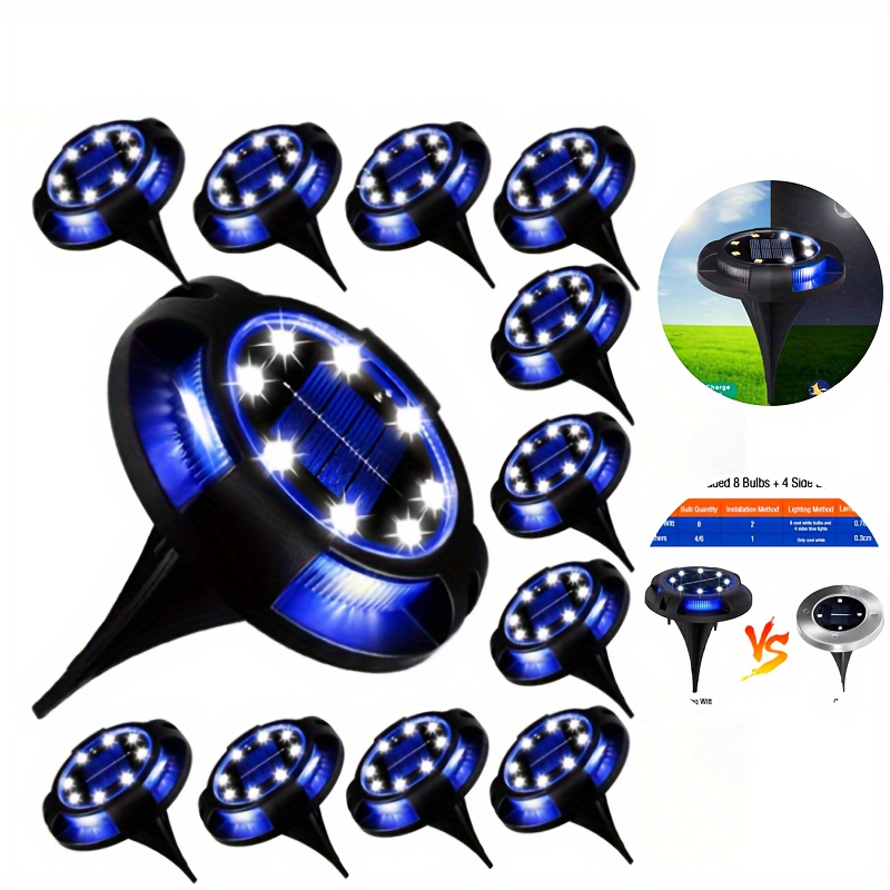 

12pcs Solar Ground Lights Disc Lights Outdoor Solar Underground Lights, Solar Landscape Lights Easter Decorations For Garden Lawn Patio Path Patio Deck Sidewalk Driveway, 4 Side Blue + 8 Lights White