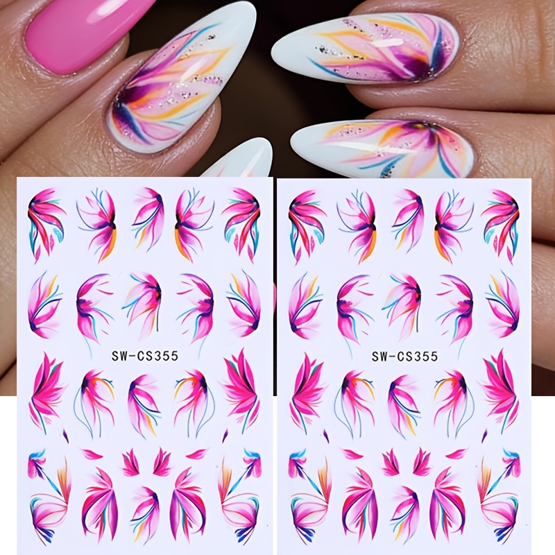 2pcs Floral Nail Stickers, Summer And Spring Flower Petal Colorful Pattern Nail Decals, Nail Art Decorations, Elegant Women's Nail Supplies