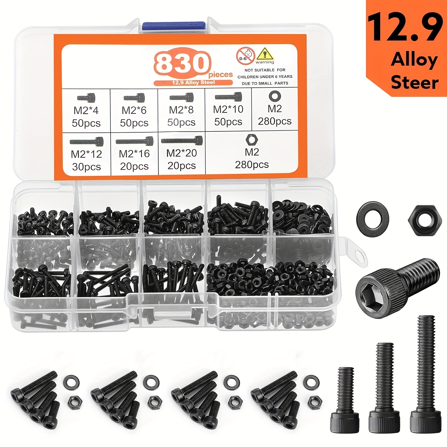 Image of 830pcs M2 Bolts Kit - M2*4mm/6mm/8mm/10mm/12mm/16mm/20mm Machine Screw Kit, 12.9 Alloy Steel Black Plated Hex Socket Head Screws Nuts Bolts And Washers Set