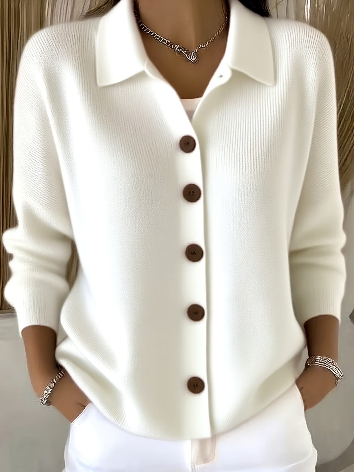 item picture women chunky button up cardigan sweater lapel collar button front   solid color long sleeve cozy   for fall   elegant casual outerwear no