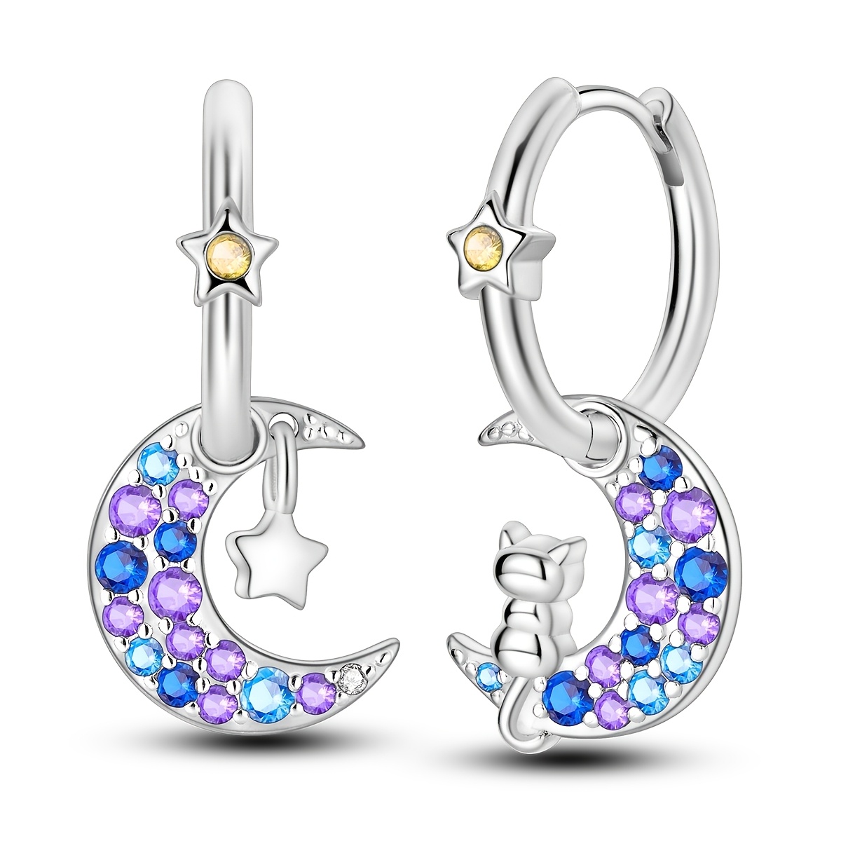 Image of 1 Pair Original 925 Sterling And Moon Cat Hoop Earrings For Women Elegant Jewelry Gifts