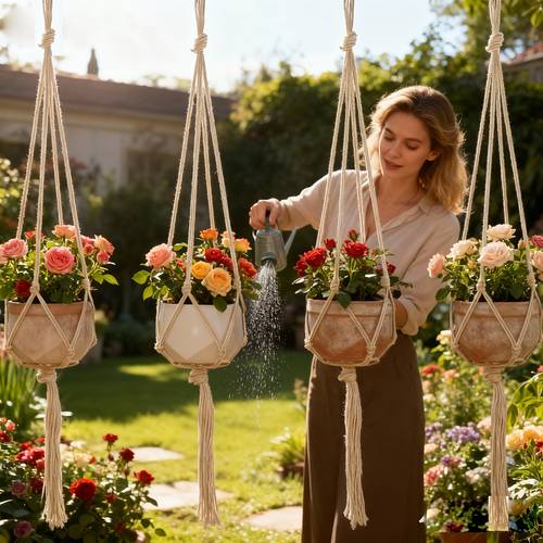 4pcs Indoor/Outdoor Hanging Planter Rope Rack, Boho Decorative Rope Basket, Plant Flower Pot Hanging Organizer Net, Home Bedroom Living Room Garden Decor Outdoor Storage
