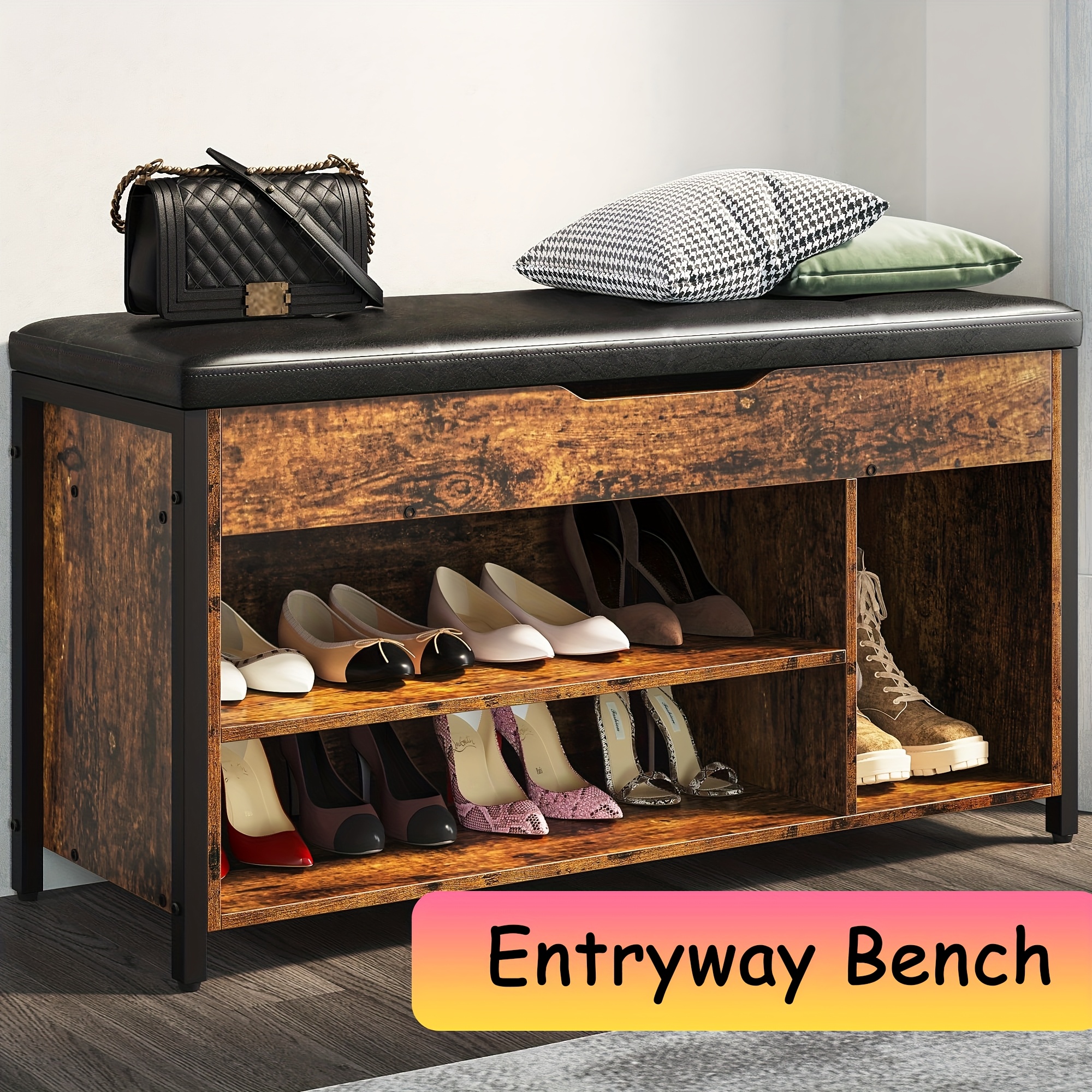 TEMU Shoe Storage Bench With Cushion, Entryway Bench With Shoe Rack, Metal And Wood Shoe Rack Organizer For Bedroom