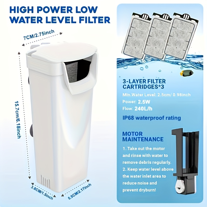 Turtle Tank Filter 74gph, Low Water Level Turtle Tank 2.5w Fish Tank Aquarium Filters For Small Tanks Up To 15 Gallons 4 Replacement Cartridges, Without Battery
