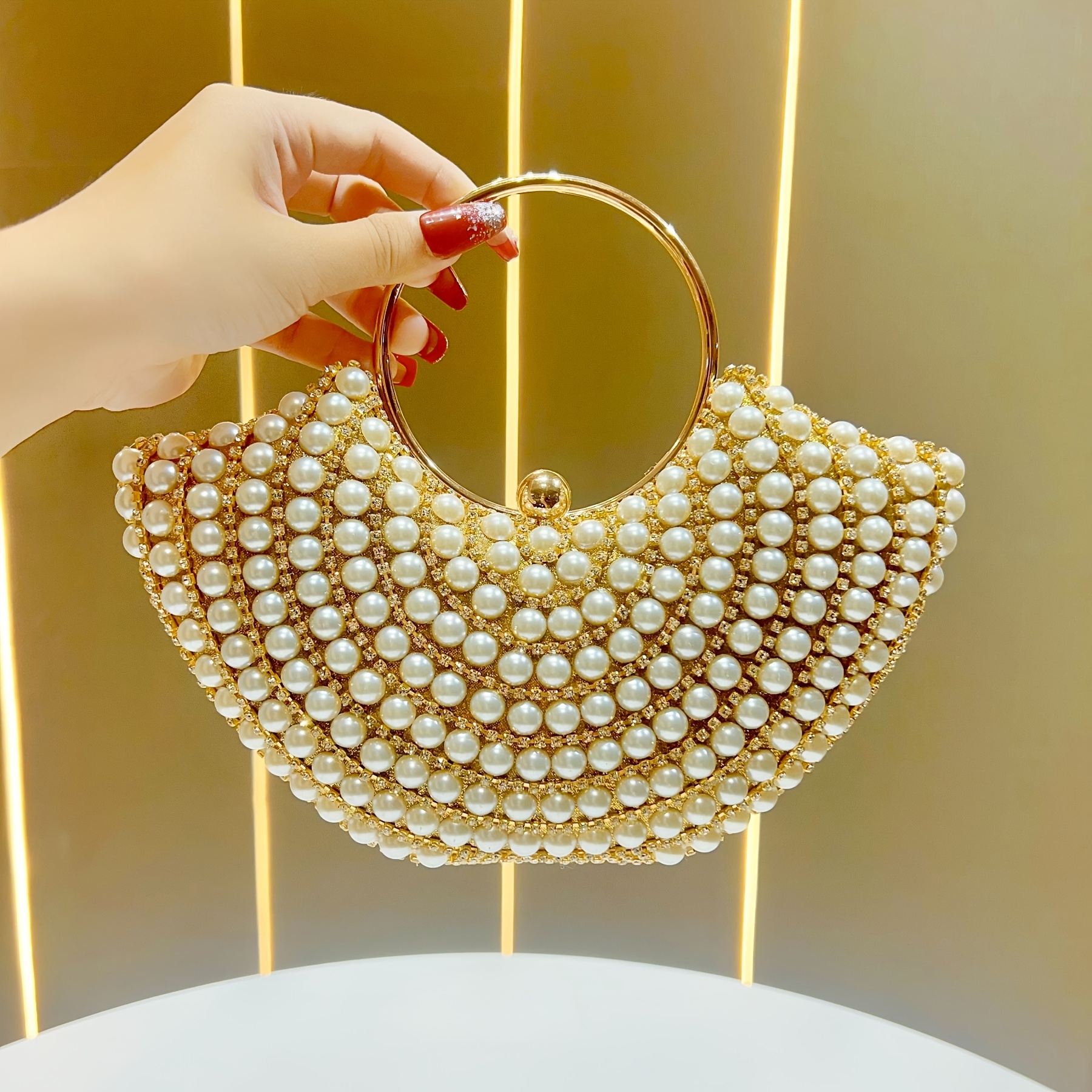 Elegant Women'S Pearl-Embellished Crossbody Bag with Detachable Shoulder Strap - Golden-Tone Metallic Strap, Beaded Detail, Versatile for Weddings, Daily Outings & Formal Events - Perfect Gift for Her, Wedding Accessory, Sophisticated Style, Pearl Embellishments