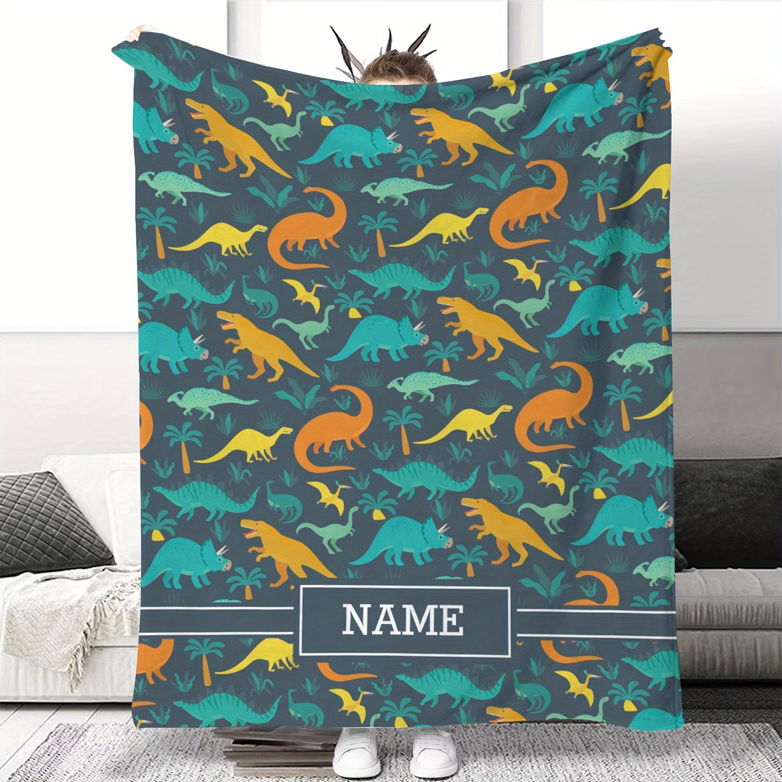 

Custom Name Dinosaur Print Flannel Throw Blanket - Soft, Warm & Machine Washable - Couch, Bed, & - Comfort