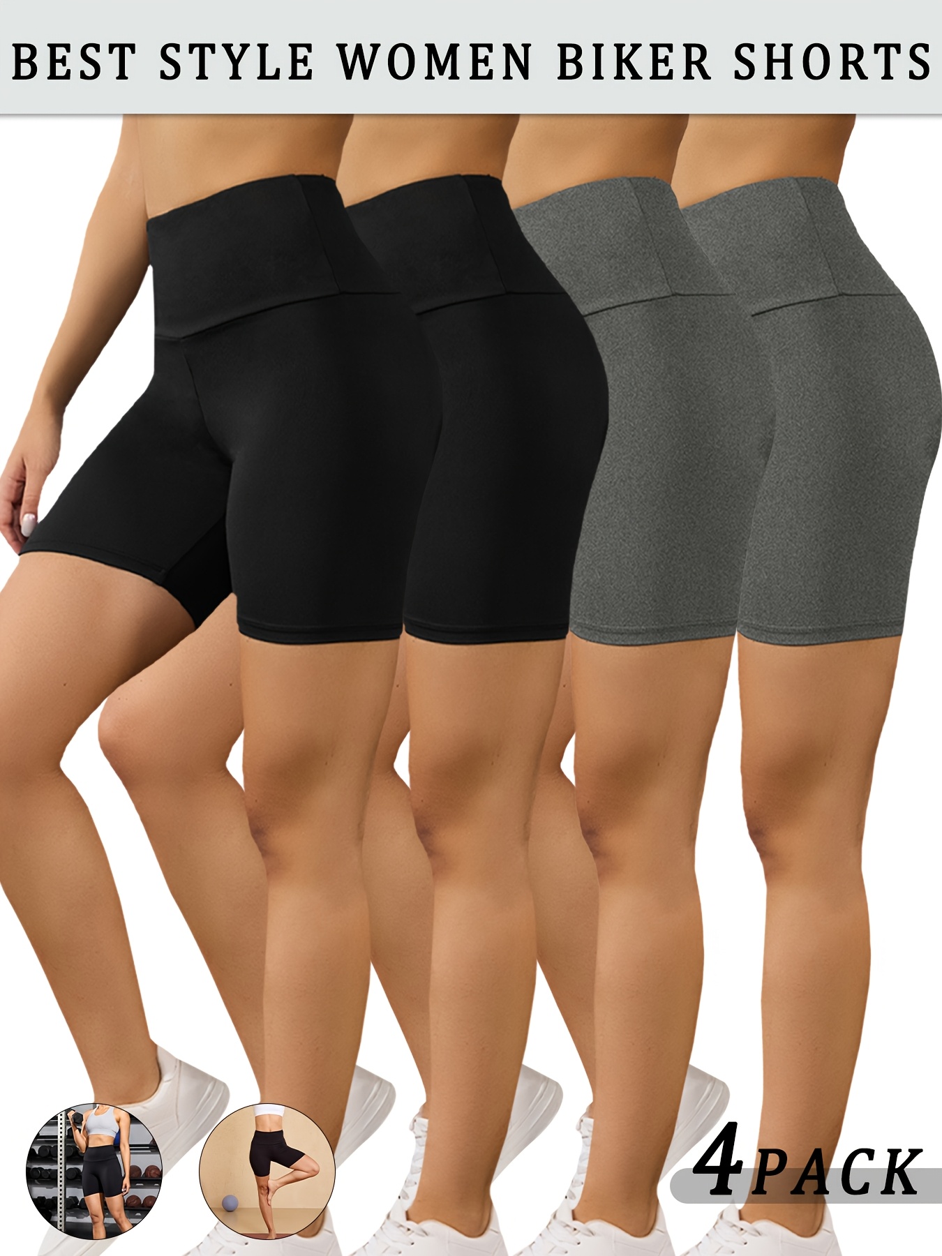 lot de 4 shorts de cycliste taille haute pour femmes, 92% polyester 8% spandex, couleur  , tissu tricoté pour les sports dété, shorts de sport extensibles et respirants, vêtements de sport
