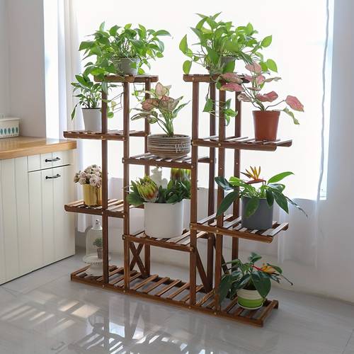 11 tiers wooden plant stand large capacity carbonized flower pots shelf holder bonsai planters display rack for porch condo garden indoor outdoor
