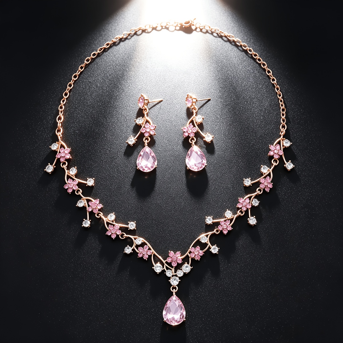 TEMU Juego de collar y aretes de circonita sintética con rosa y chapado, adecuado para regalos de piedra de nacimiento, colgante de enredadera calada