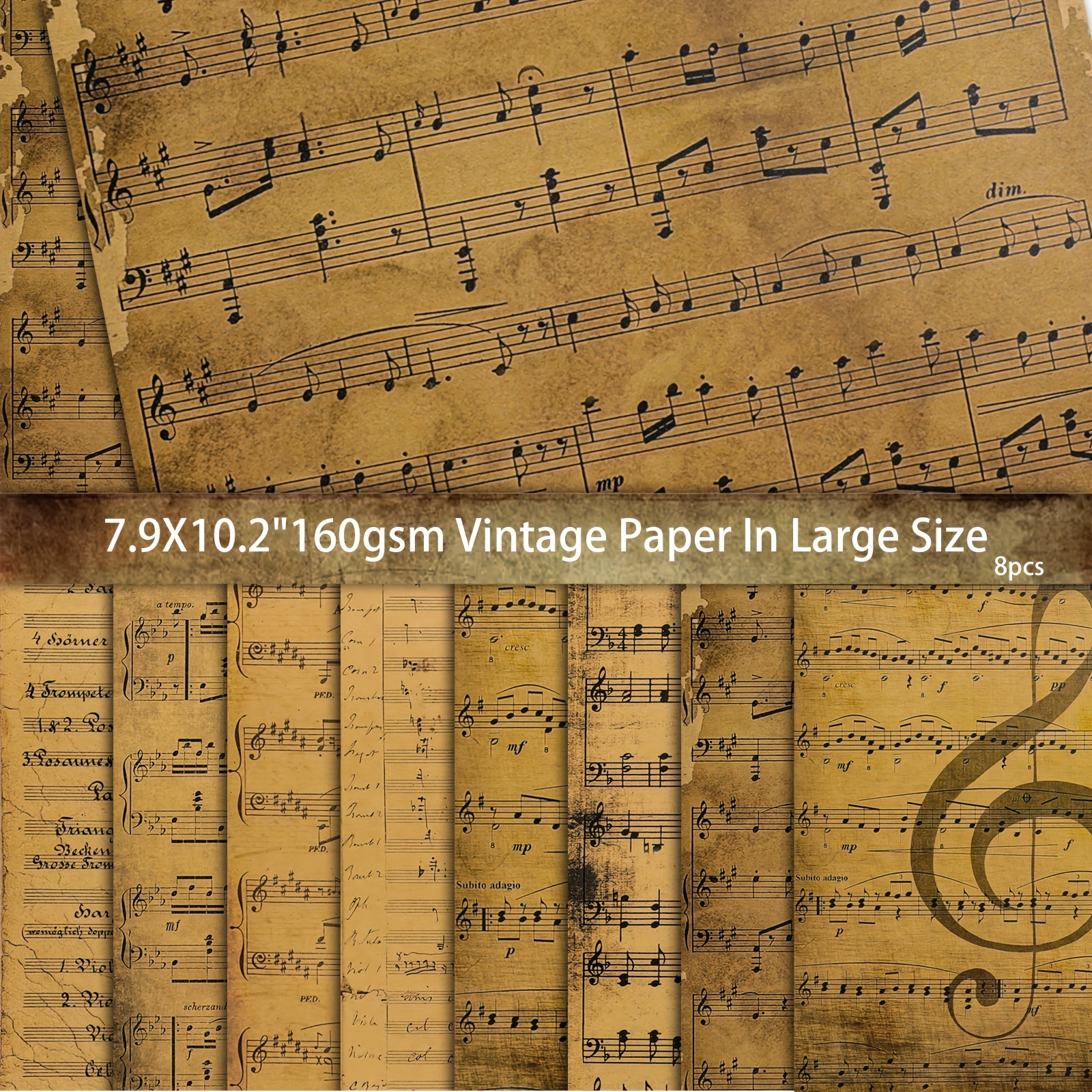 TEMU 8 Sheets Premium Vintage Distressed Music Score Decorative Paper Set, Large Size 7.9 X 10.2 Inches, Suitable For Home Decor, Product Photography
