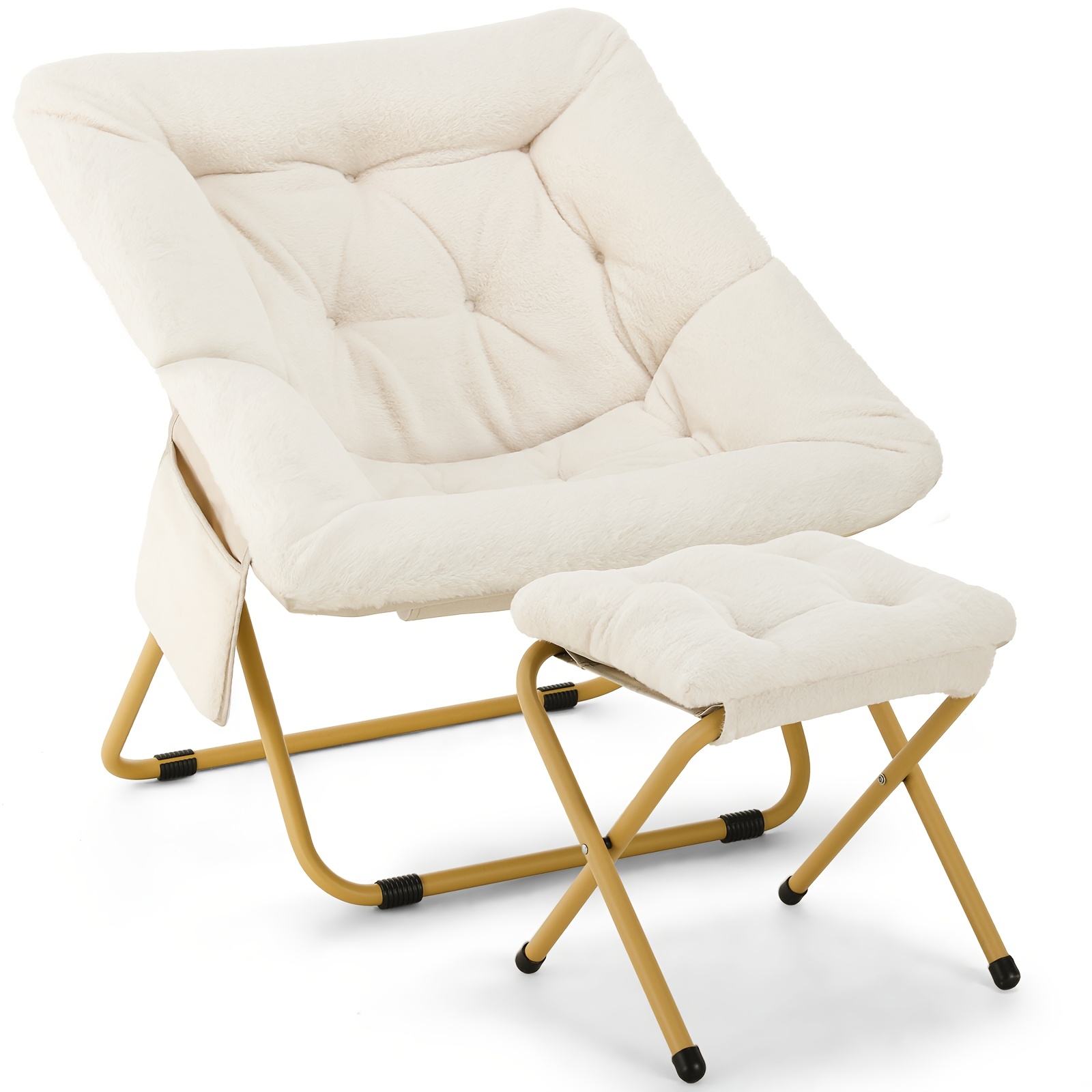 Comfy Saucer Chair, Foldable Lounge Chair With Ottoman, Soft Faux Fur Reading Chair, Folding Lazy Chair/moon Chair For Living Room, Bedroom, Dorms, No