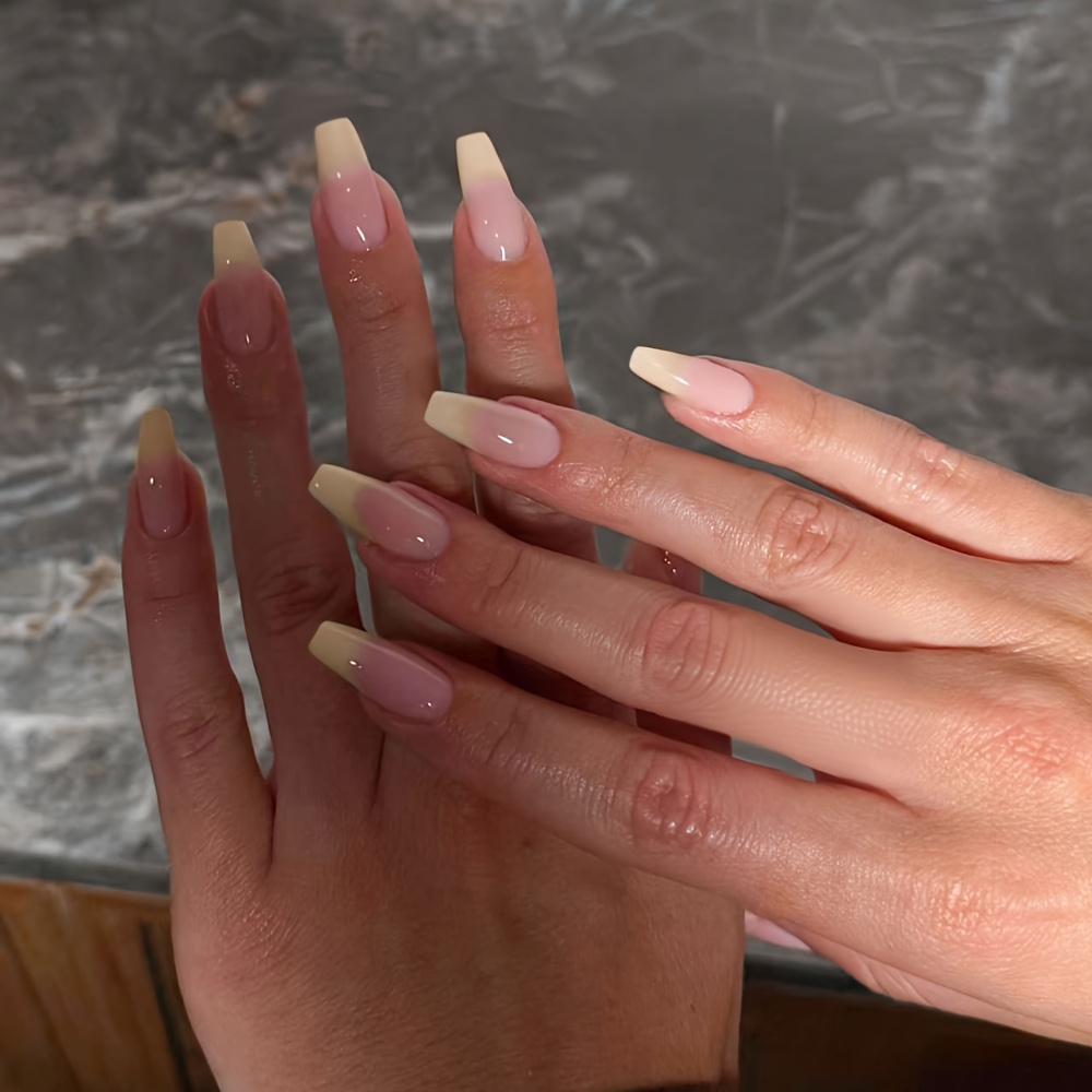 TEMU 30 Stück Aufklebenägel im Farbverlauf von Nude-Rosa -Gelb, geeignet für Damen, vollständige Abdeckung, lange trapezförmige Kunstnägel mit Glanz,