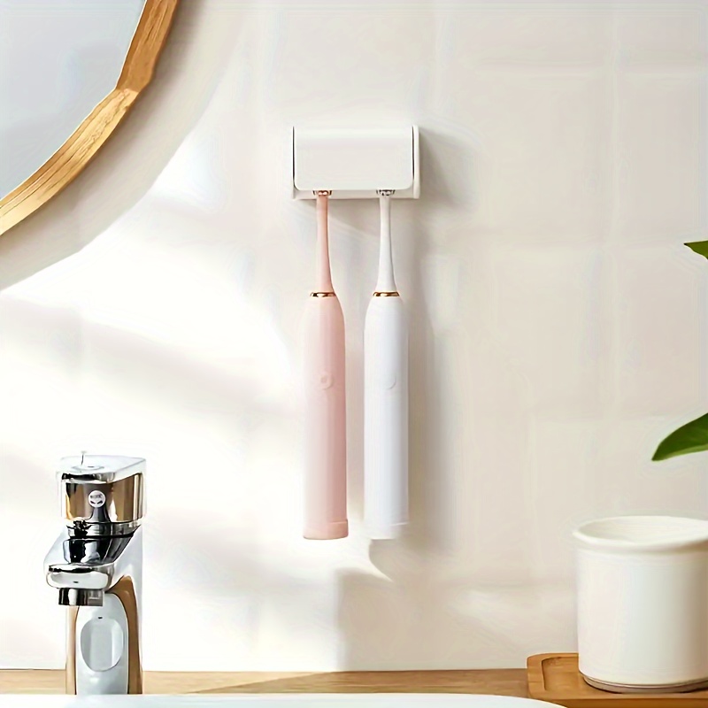 

1pc Porte-brosse à élégant blanc et rose avec couvercle - Installation facile, pas de perçage , Organisateur de salle de bain auto-adhésif pour brosses à électriques, de décoration moderne pour