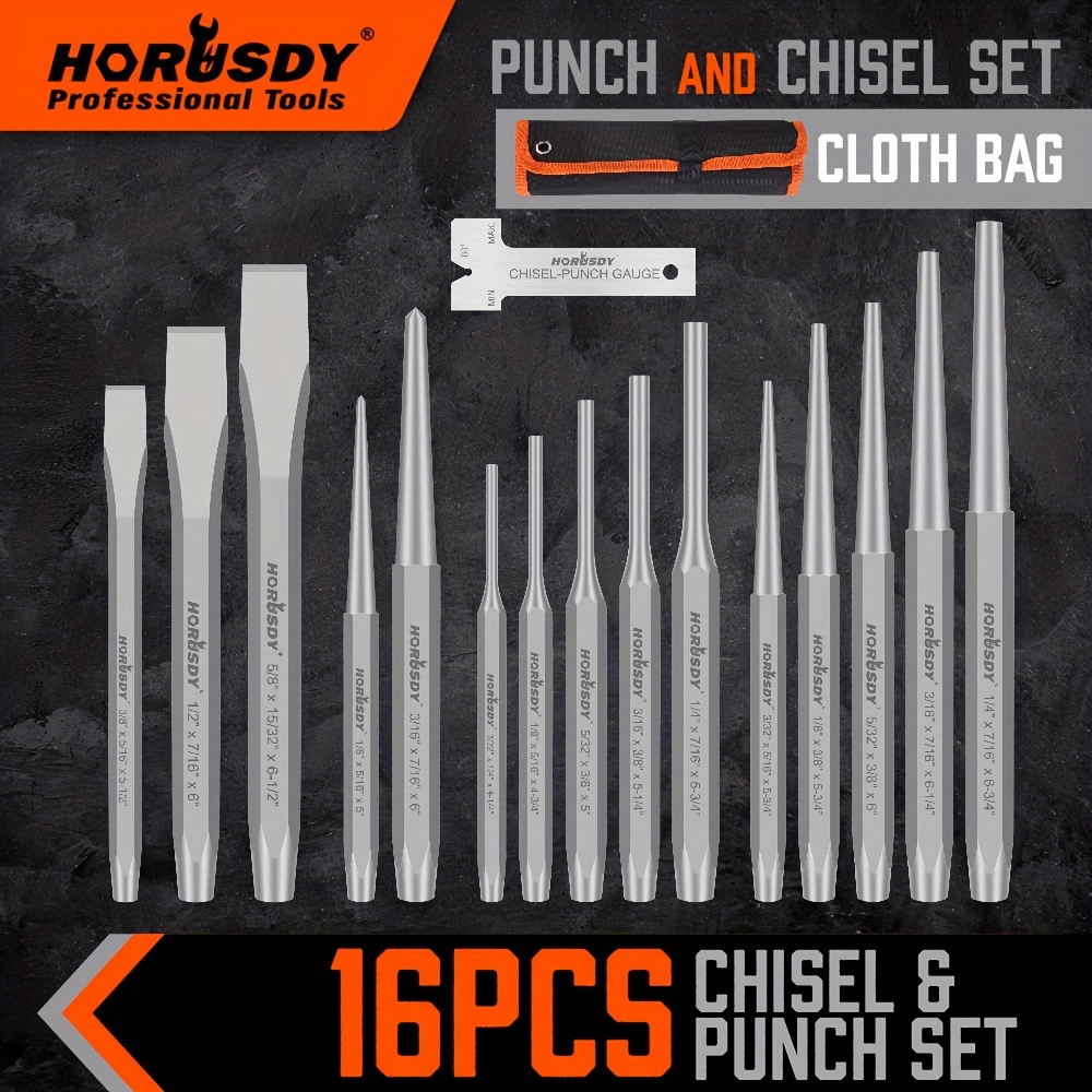 TEMU 16-piece Punch And Chisel Set, Including Taper Punch, Cold Chisels, Pin Punch, Center Punch Steel Manufacturing, Nice Gifts