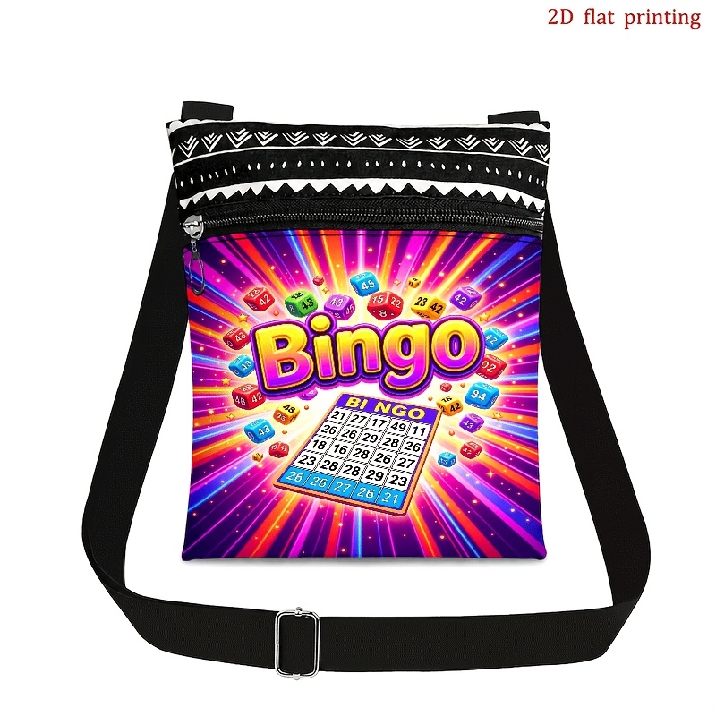 TEMU 1pc Of 2d Flat Crossbody Bag Suitable For Men And Women, Adjustable Shoulder Strap And Zipper Closure, Vibrant Bingo Game Print Unisex Crossbody