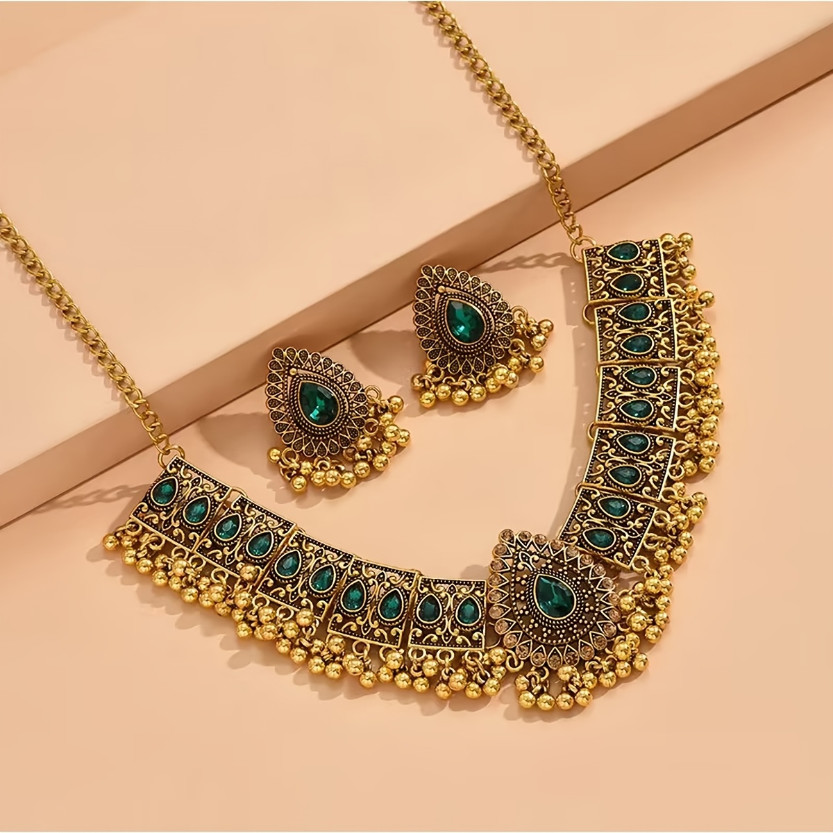 a set of middle eastern style retro elegant golden inlaid rhinestones water drop pendant choker necklace earrings for festivals birthdays dates   banquets weddings parties vacations shopping additions Product details 6