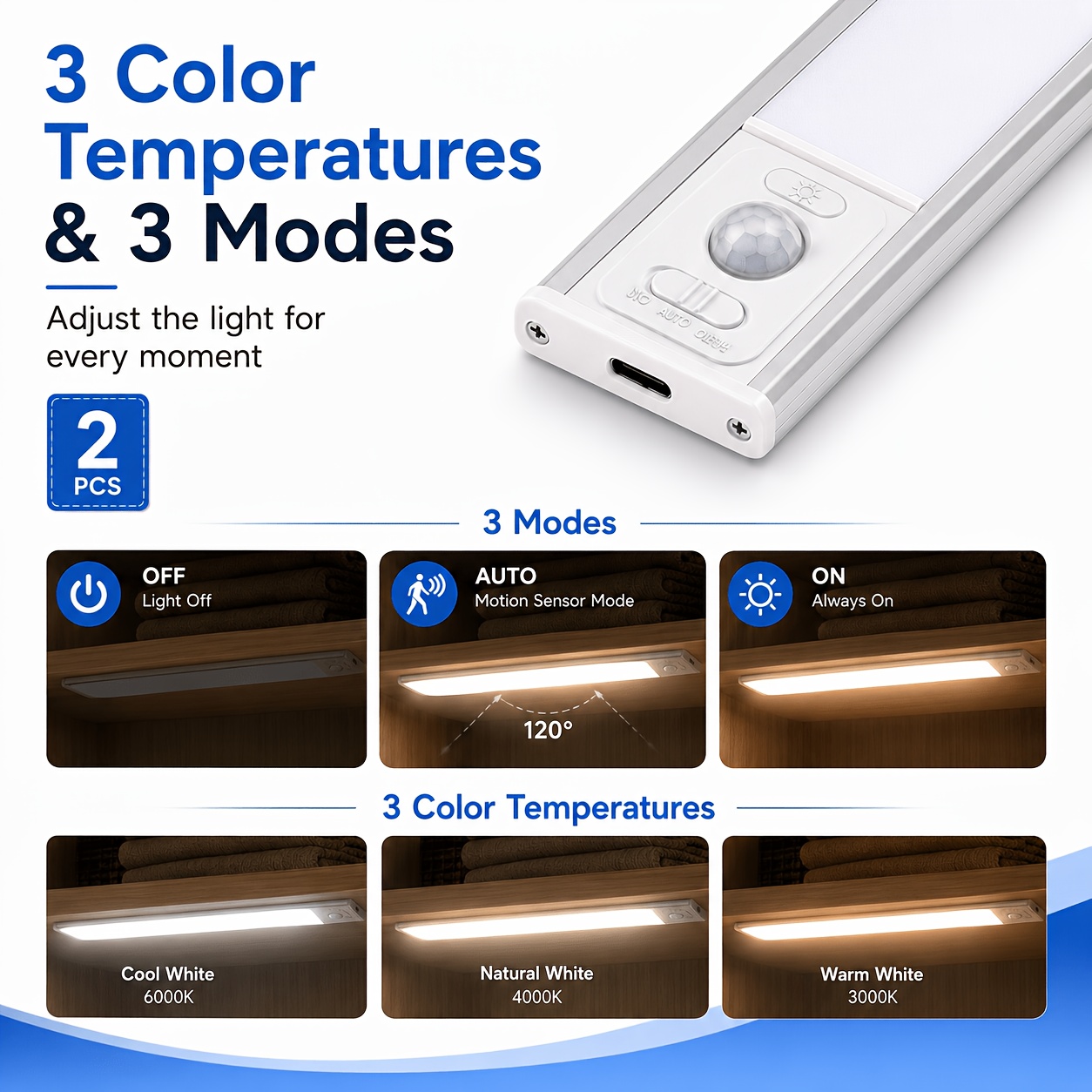 2pcs Rechargeable Motion Sensor Cabinet Lights with 3-Color LED