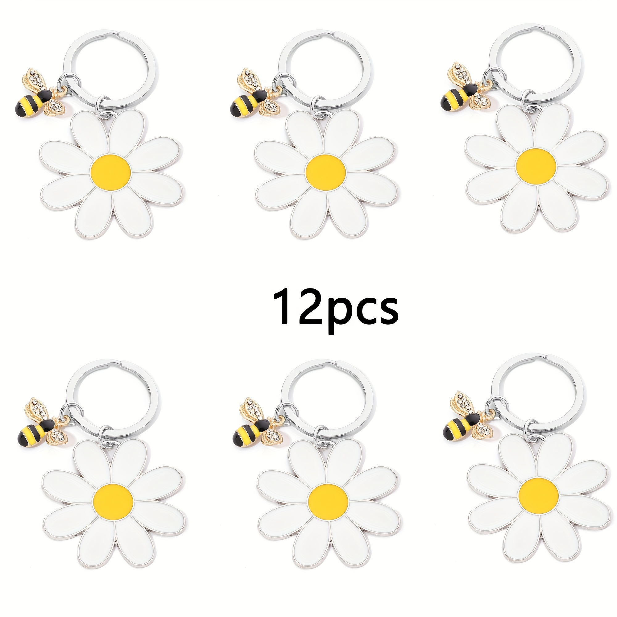 

12pcs Stainless Steel Daisy Flower Keychains With Bee Charm - Plant Themed Key Rings With Ring Buckle For Decorating, Birthday Gifts, Creative Chrysanthemum Painted Keyring Set For Women