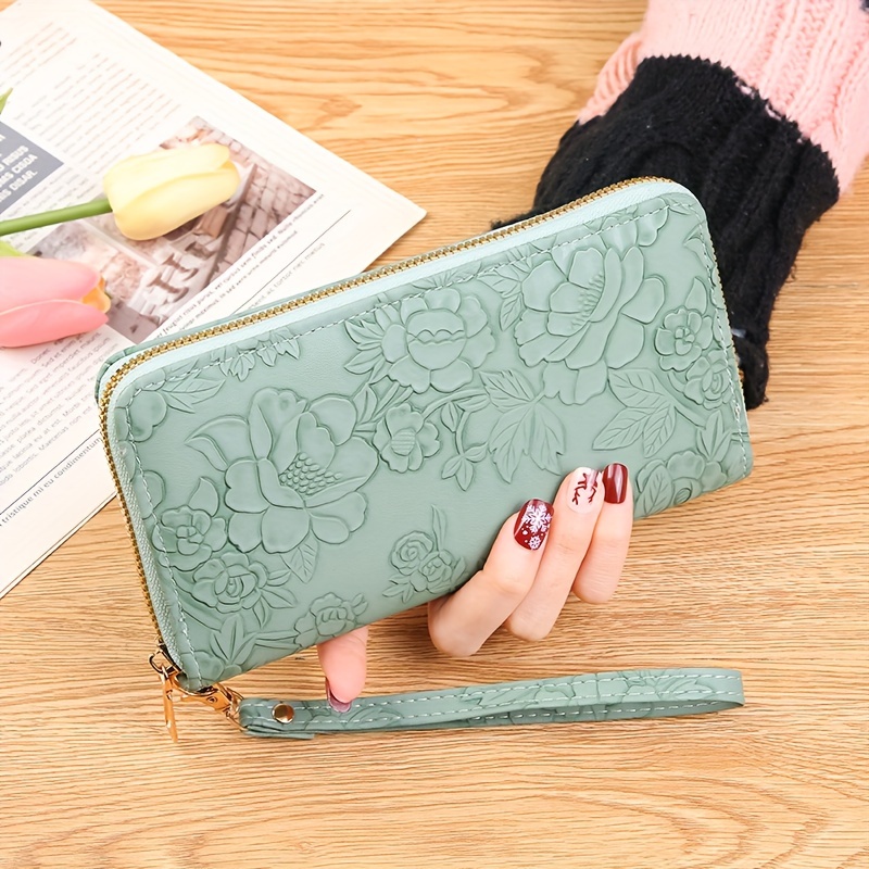 

Women's Elegant Long Zippered Clutch Wallet With Embossed Floral Design, Phone Pocket, And Large Bill Compartment