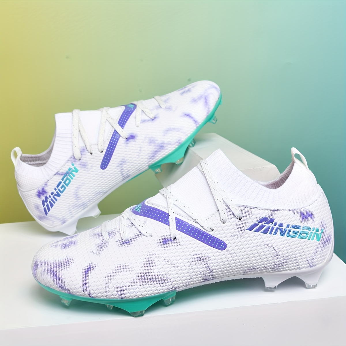 Unisex Football Cleats Lightweight High-Performance Low-* AG Long Studs  for Traction on Soft Turf, White Blue Accents, EVA Cushioned  Insole,