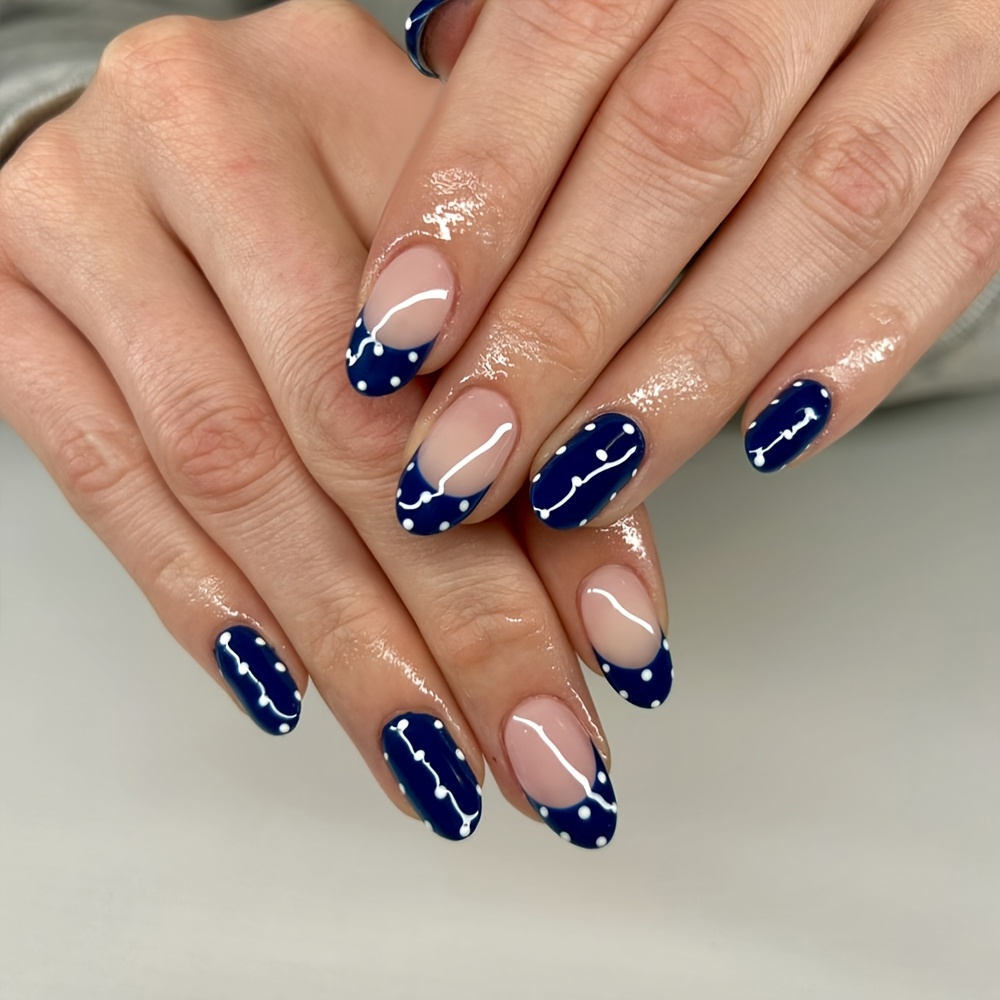 TEMU 30pcs Short Oval Press-on Nails Suitable For - Sheer Nude Base With Navy Blue French Tips, Glossy Fake Nails With Jelly Glue, Vintage Polka Dot
