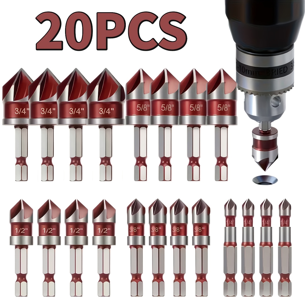 TEMU 20pcs Countersunk Drill Bit Set, 82° Five-flute, 1/4" To 3/4" Hex Shank, Suitable For Wood, Metal, And Plastic. -change Chamfering Tool For