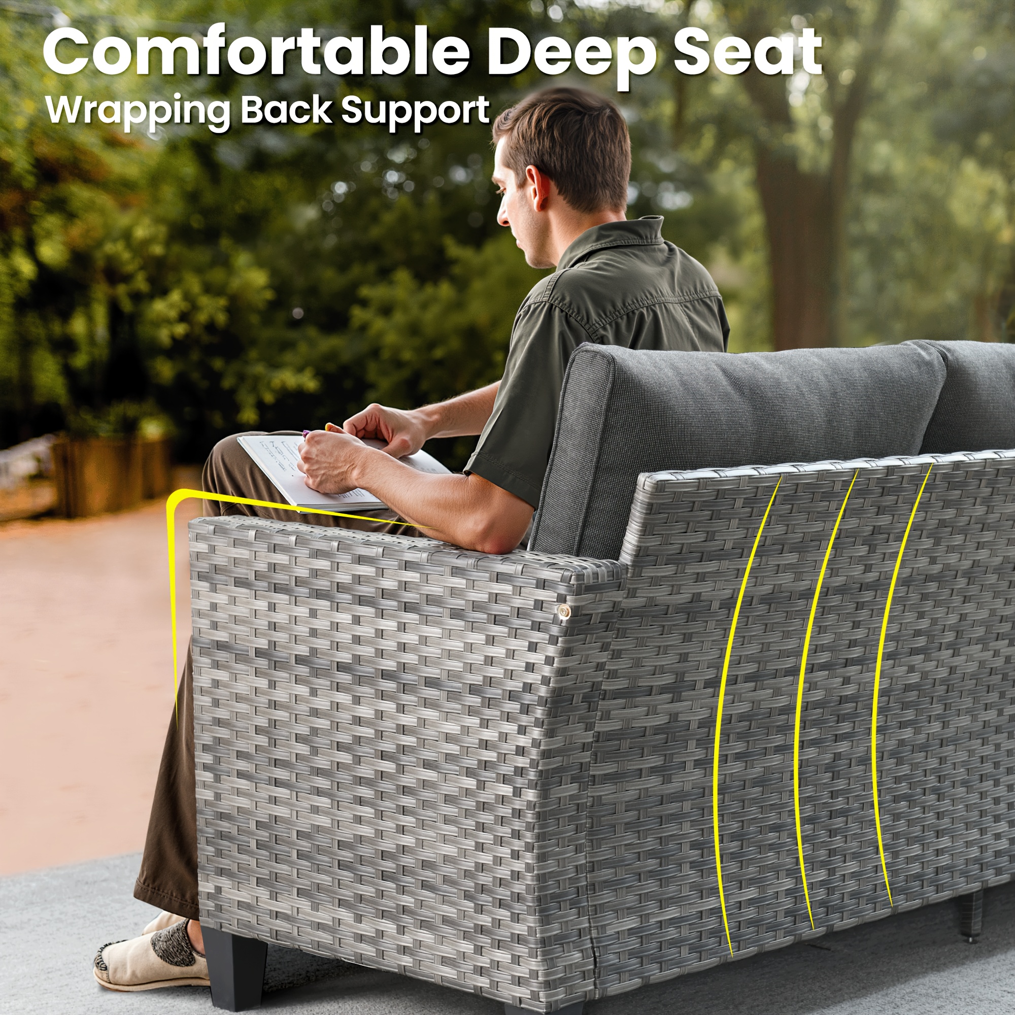10pcs outdoor patio furniture sets with 54 fire pit table and solar led light coffe table all weather pe rattan sectional sofa conversation set with swivel rocking chairs outside modular couch with thick cushions for backyard deck 7 seats Product details 6
