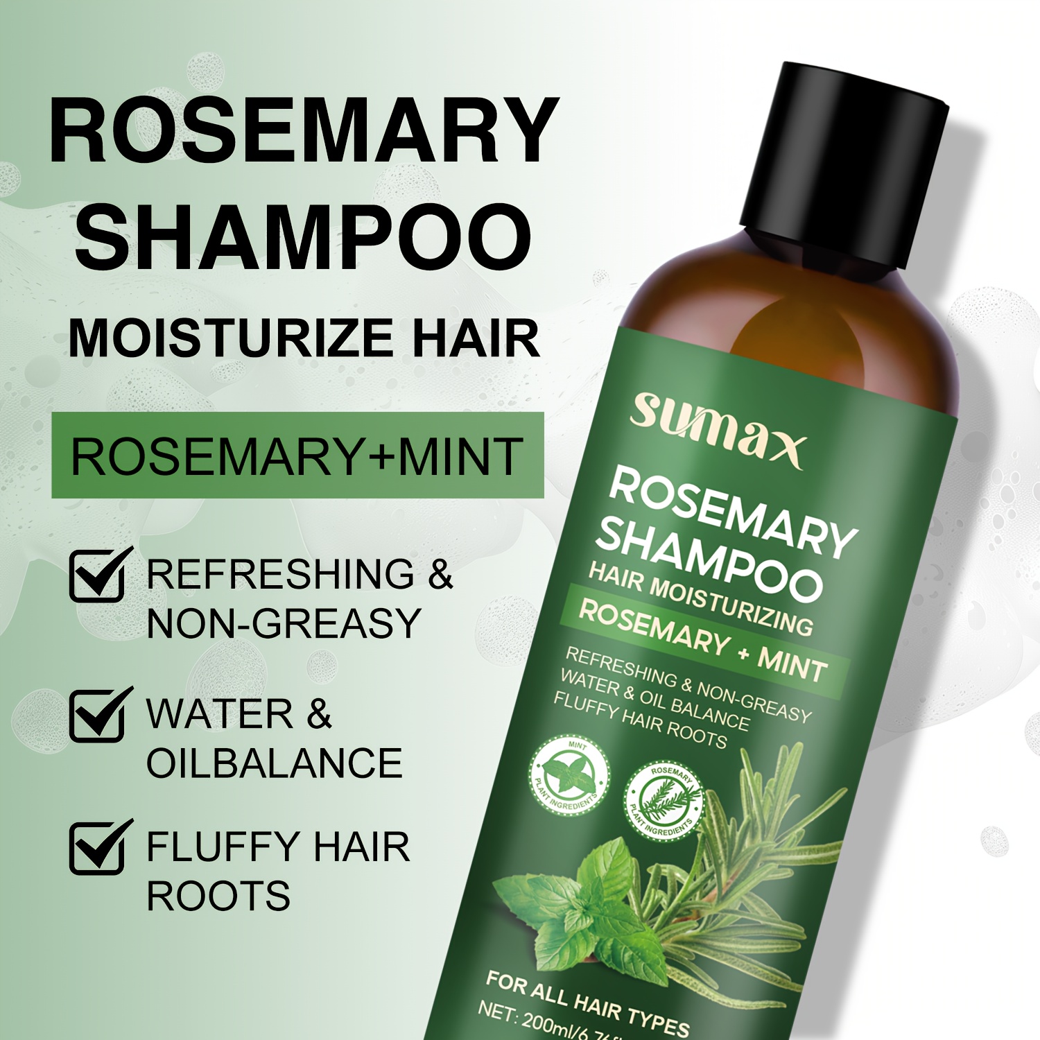 200ml Rosemary & Mint Shampoo Deep cleansing, gentle formula, low irritation, light, non-sticky, easy to rinse, suitable for all hair types Suitable for all Light Beige types.