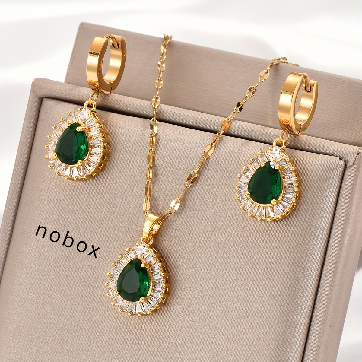 3-Piece Set: Gold-Plated Stainless Steel Jewelry Set with Synthetic Cubic Zirconia Tear Drop Studs, Spike Earrings and Necklace for Women, Men and Couples, Matching Necklace and Earring Accessories for Daily Use, Luxury Street Party Light