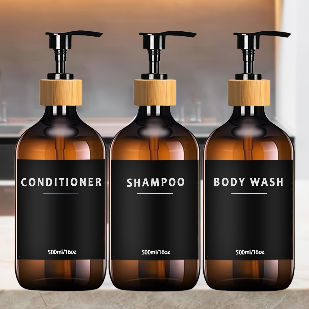 

3-piece Amber Shampoo & Conditioner Dispenser Set - 500ml, Lead-free Plastic, Formaldehyde-free, Bathroom Accessories