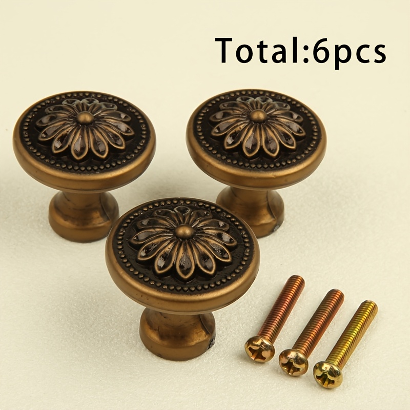 TEMU 3pcs Daisy Pull Handles And 3pcs 4x22mm Screws Total 6pcs, 6-pack European Bronze Relief Flower Cabinet Door Handles Bronze Round Single Hole