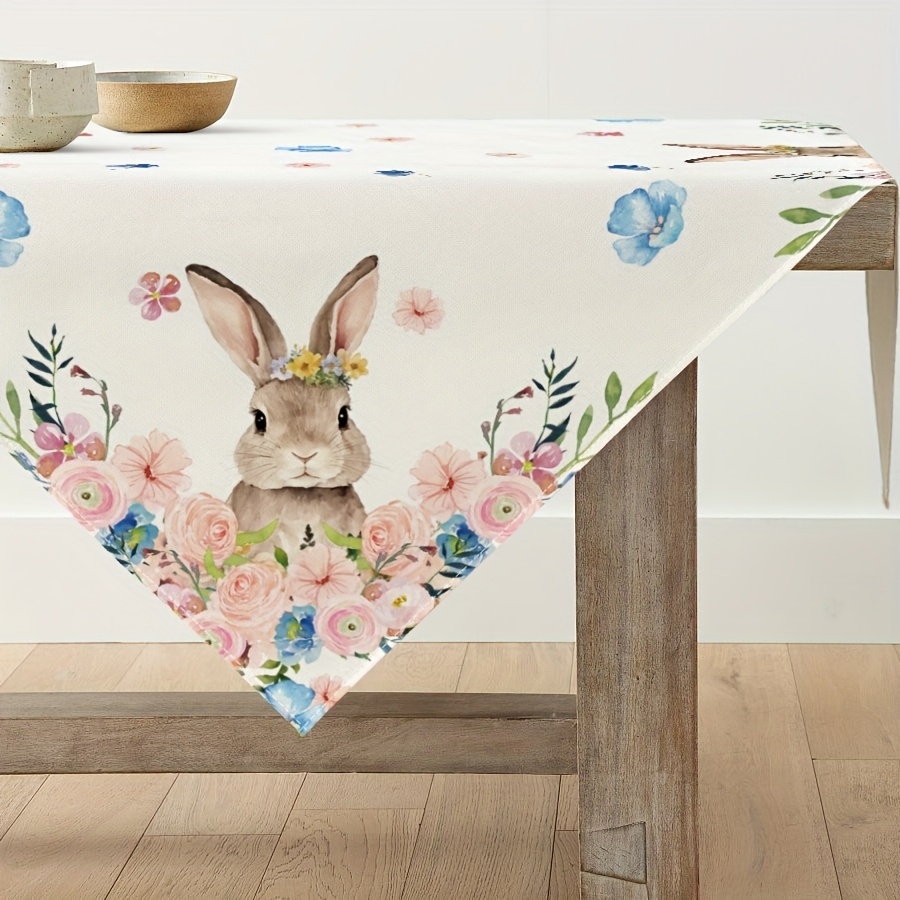 

[festive Joy] Easter Bunny Floral Table Linen - Washable Polyester, Colorful Decor, 85x85cm, Indoor Holiday Party Accent, Bunny Accessories