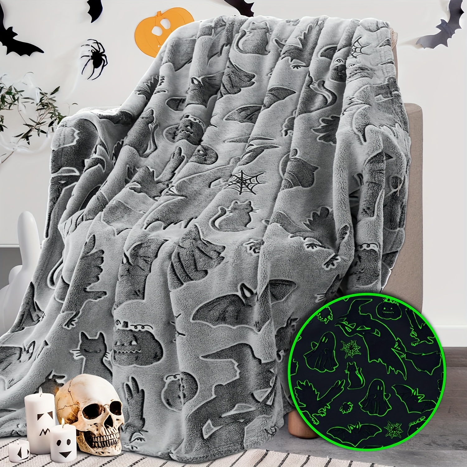 

Halloween Flannel Fleece Blanket - Contemporary Style, Machine Washable, Fantasy Theme, Tear & Stain Resistant, Multipurpose Use, All Seasons Comfort, 100% Polyester, 250-300g Knitted, Active Printing