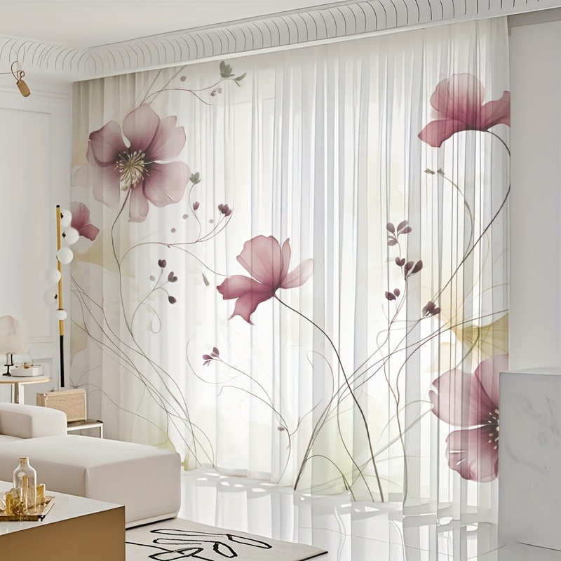 E-shop 2er-Set halbtransparente, transparente Gardinen mit eleganten Blumenmustern, warmer und romantischer Stil, exquisiten Mustern für die