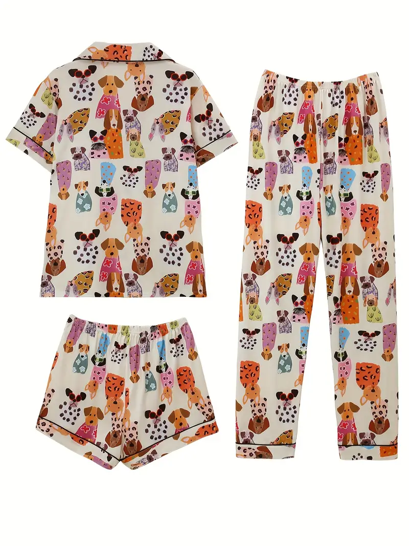 3pcs womens pajama set animal print button cardigan short sleeved stretch shorts and long pants loose and elastic spring and autumn casual daily soft fabric Product details 2