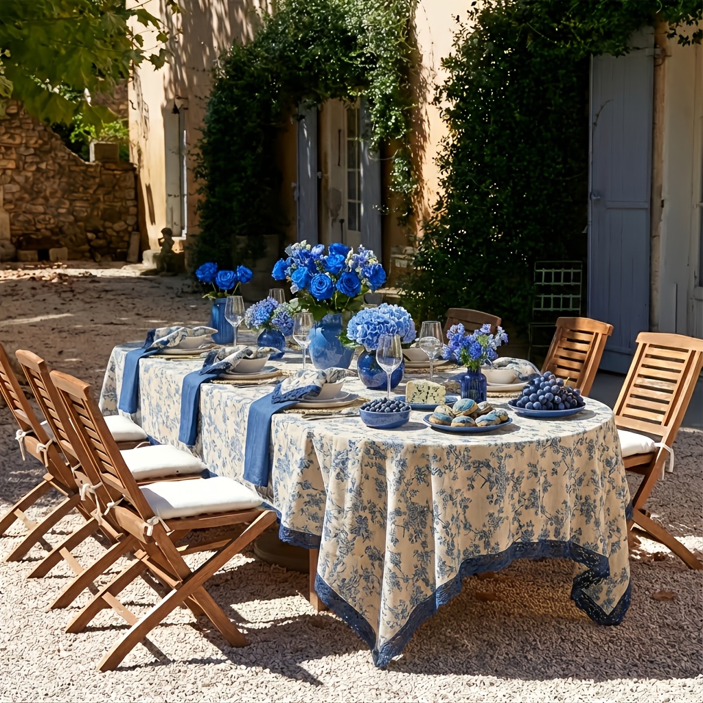 TEMU 1pc Heavyweight Vintage Blue Floral Tablecloth Suitable For Large Dining Tables, Farmhouse Lace Trim & Fringe Edges Table Cover, Textured