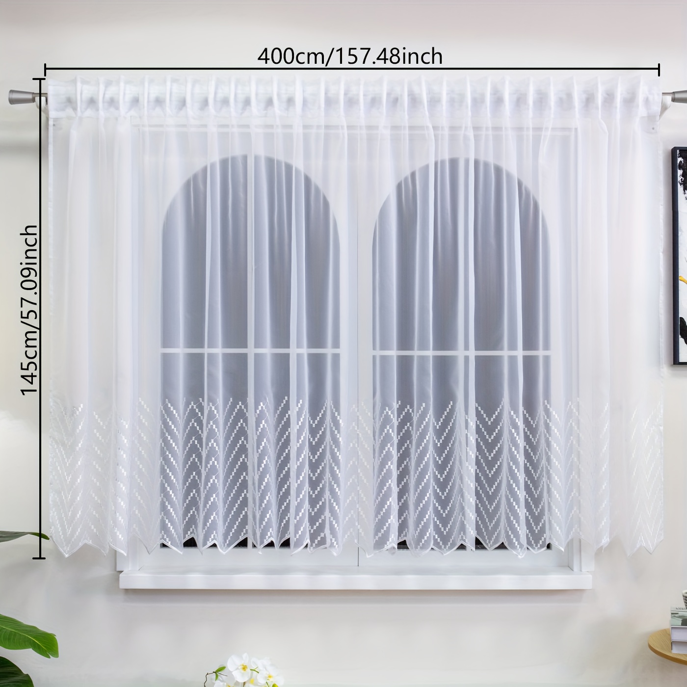 1 Panel Light Room Sheer, Diamond Embroidery, V Wave Hem | Geometric Pattern, Kitchen Curtain For Window, Balcony, Soft Privacy, Dust Resistant, Washable, Rod Pocket, Clip Ring, Hook Top, S Hook