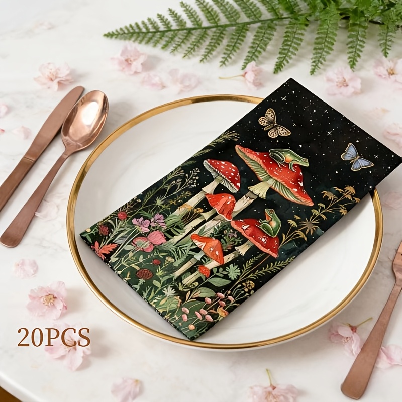 TEMU 20 Servilletas Impresas con Temática de Bosque y Hongos, Pañuelos Desechables de Estilo Nocturno, Ideales para Fiestas de Jungla, , Bautizos,