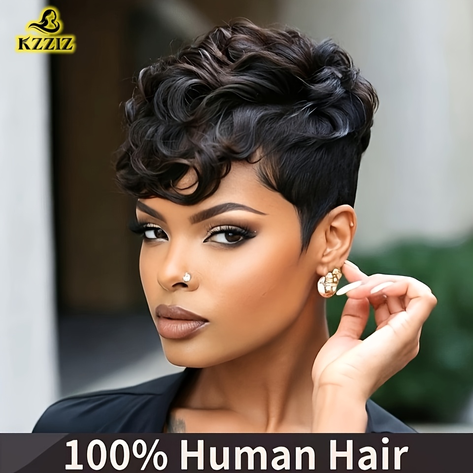 TEMU Short Curly Cut Human Hair Wig For All People, 180% Density Thick Natural Black Short Wig With Bangs, Breathable Net Glueless Wig, Re-stylable