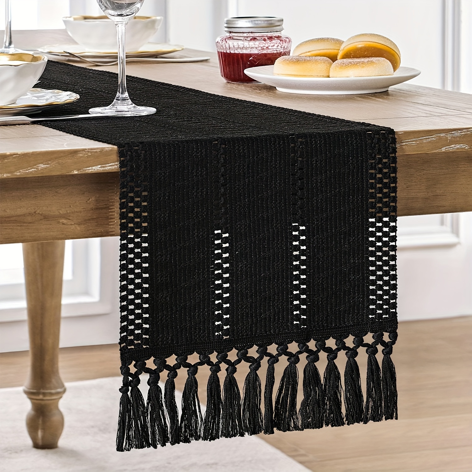 TEMU 1pc Table Runner With Fringe - Hand- Rustic Farmhouse Decor, Tassel Trim Polyester Rectangular Table Cover For Dining Table, Coffee Table,