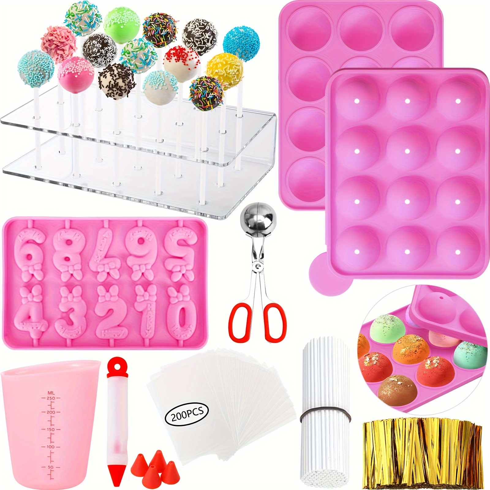 TEMU Kit de moules à gâteaux 610pcs Lollipop Cake Pop Maker Set avec support à gâteaux, cure-pipes à gâteaux et enveloppes, stylo de décoration, 4