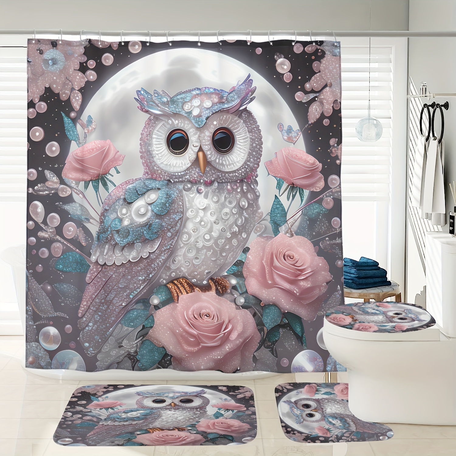 

Owl And Curtain Set Bath Mat And , And Bathroom Decor, Polyester Curtain Lining, , Includes 12 , 72x72