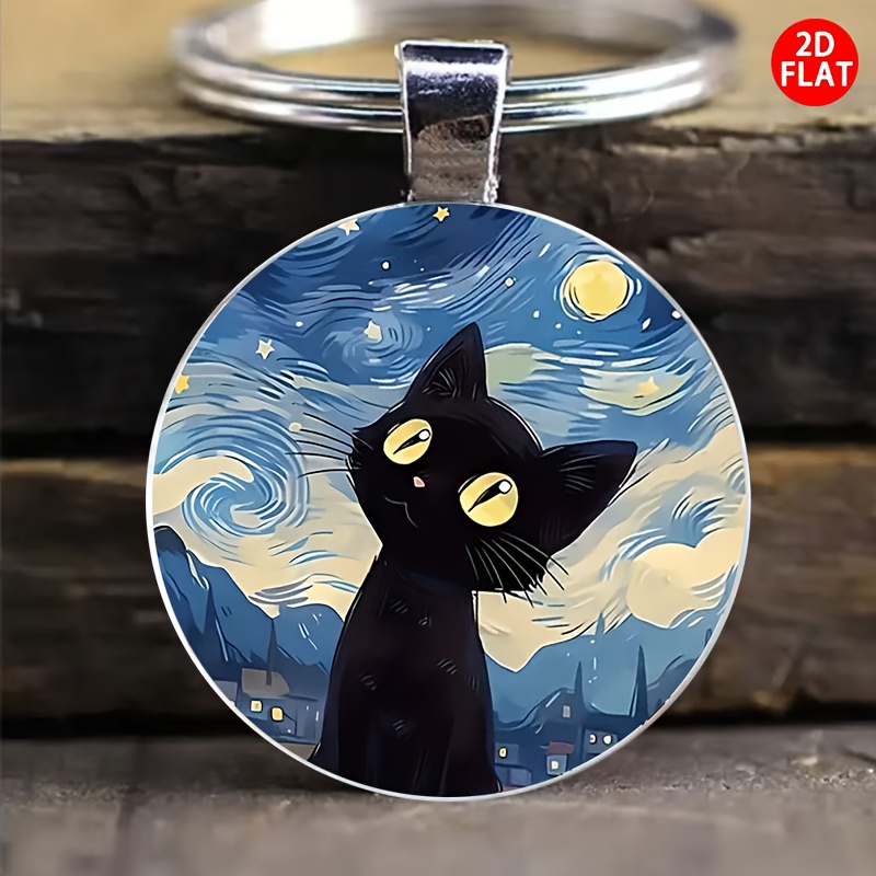 TEMU 2d Flat Black Cat Keychain - Designed With Van Gogh Starry Night As The Theme, Featuring Fashionable Decorations For Men And Women, Bag And Car