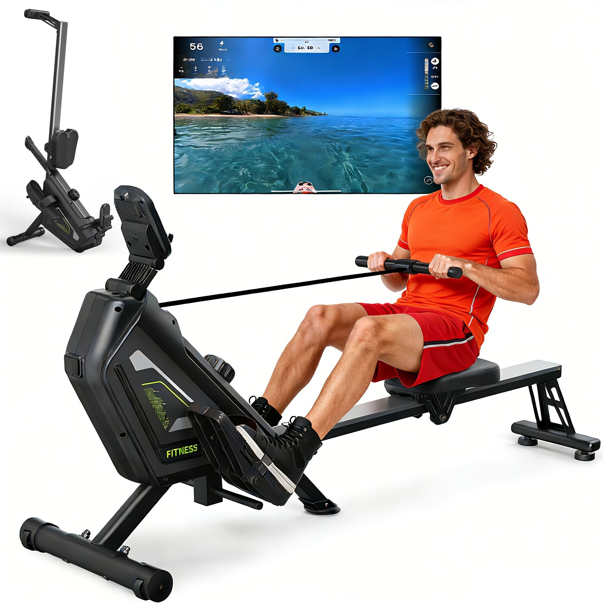 Image of Vowvit Foldable Magnetic Rowing Machine For Home Gym With, 16-level Magnetic Resistance & App Suitable For Cardio, Strength Training, Rowing Machine - Full-range Rail, Load 160kg, Display For Home Use