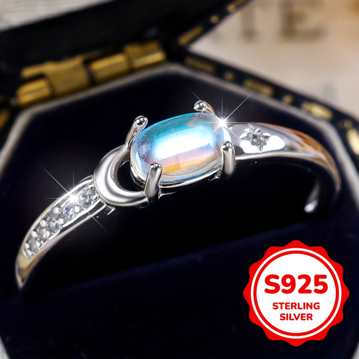 

Pure Silvery S925 Ring With Star And Moon Matching, Ladies Engagement Ring, Suitable For Engagement Banquet Wear, 1.6g