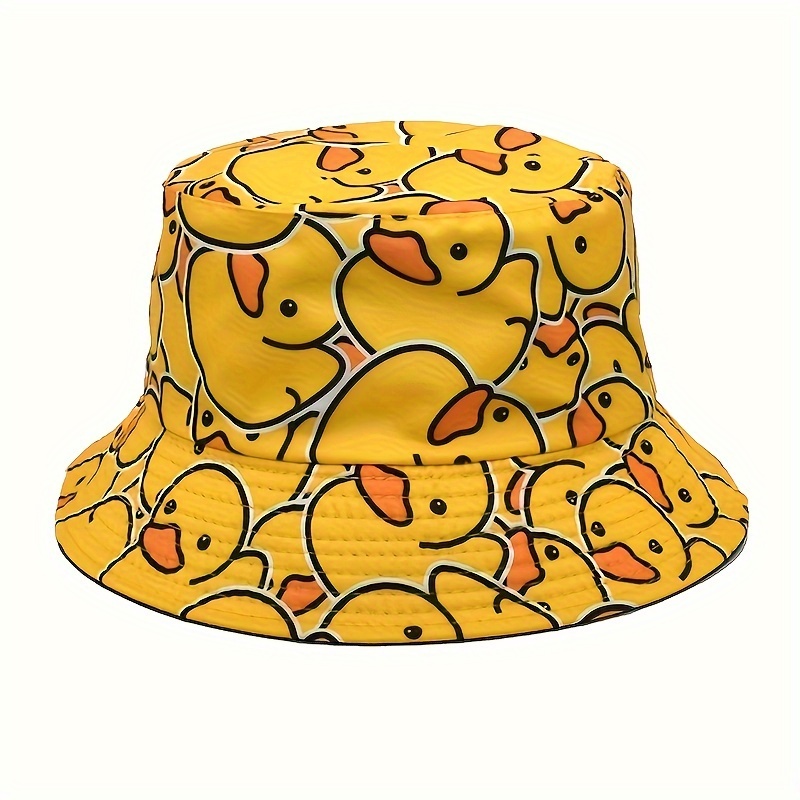 

Reversible Cute Cartoon Bucket Hat Yellow Duck Full Print Travel Beach Hats Unisex Lightweight Fisherman Cap For Outdoor