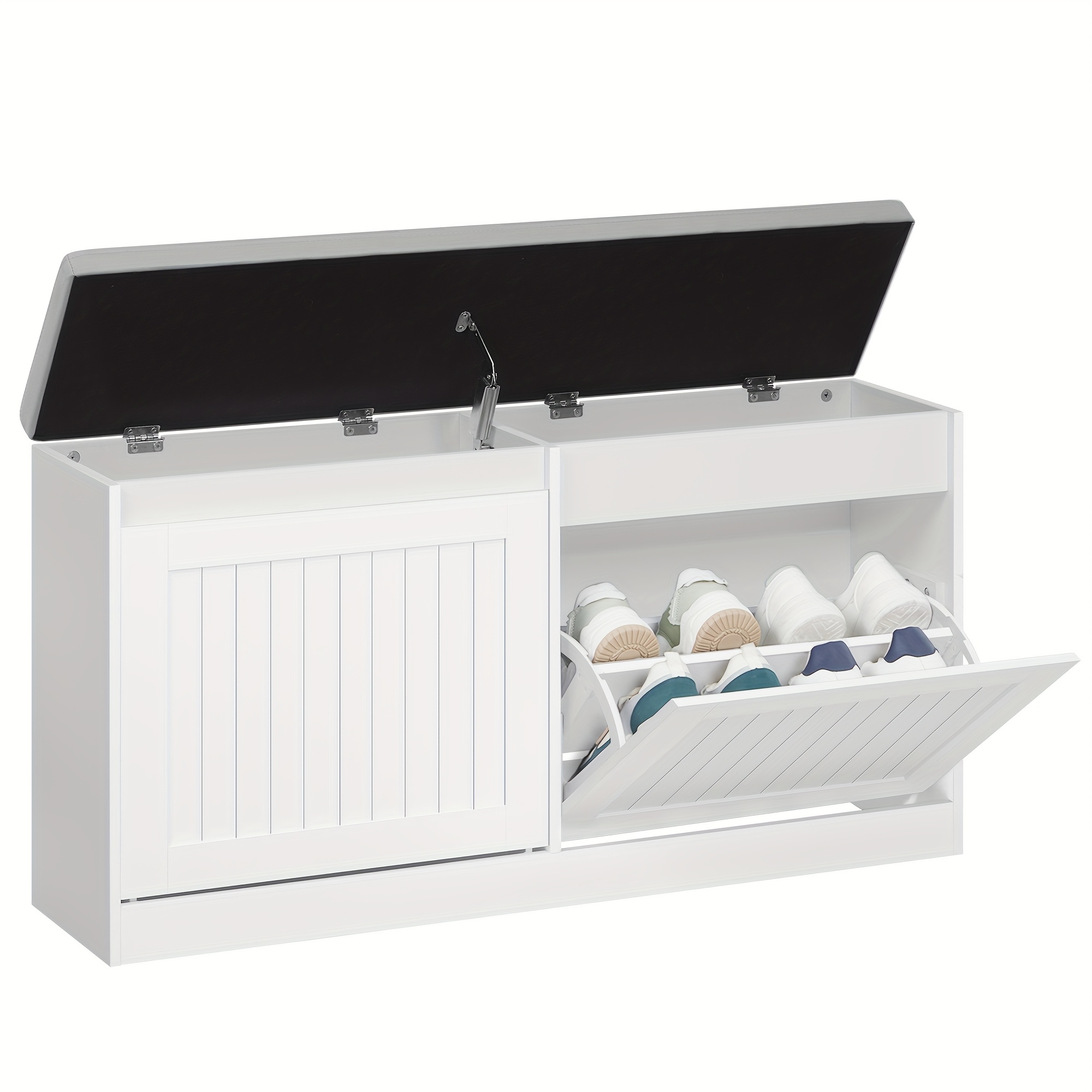 Shoe Bench With 2 Flip Drawers, Shoe Storage Cabinet With Adjustable Shelves, Cushion, For Entryway, Hallway, Living Room, White